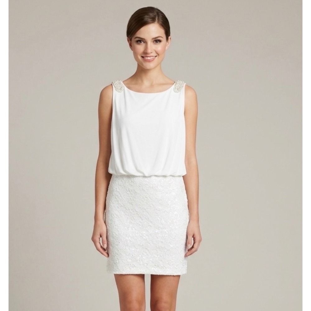Scarlett Sheath Dress Womens 14 White Lace Beaded Shoulder Cocktail Elegant Chic